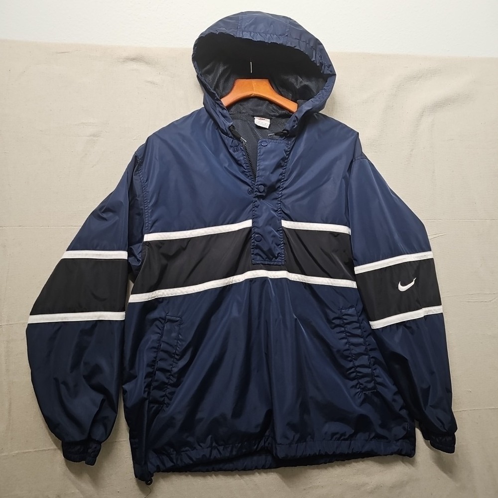 Vintage 90s Nike Blue Windbreaker Jacket Men's Medium Hooded Mesh Lined Pullover